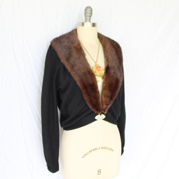 Bernard Altman black Cashmere cardigan brown Mink Collar vintage dress sweater - Picture 2 of 9